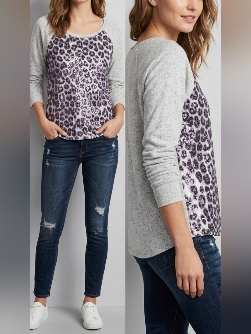 Express Gray Sequins Leopard Front Raglan Sweatshirt Cotton Large